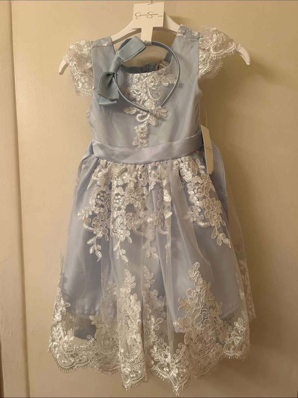 Jessica Simpson Powder Blue Dress with White Lace Appliqué and Bow